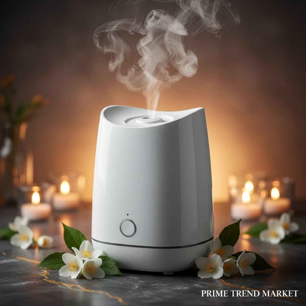 Close-up hero shot of white air purifier with mist effect and jasmine flowers - Prime Trend Market