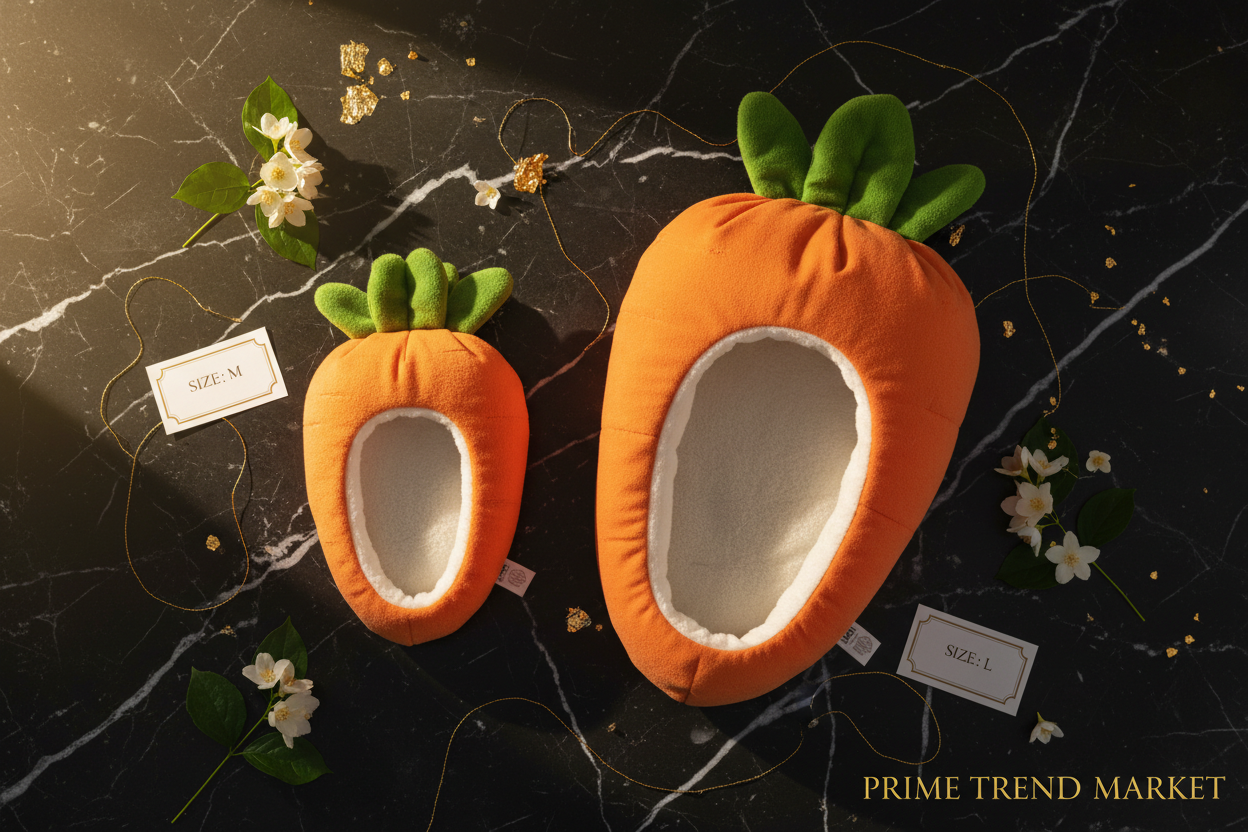Two premium carrot cat pet beds in M and L sizes displayed side by side on dark marble