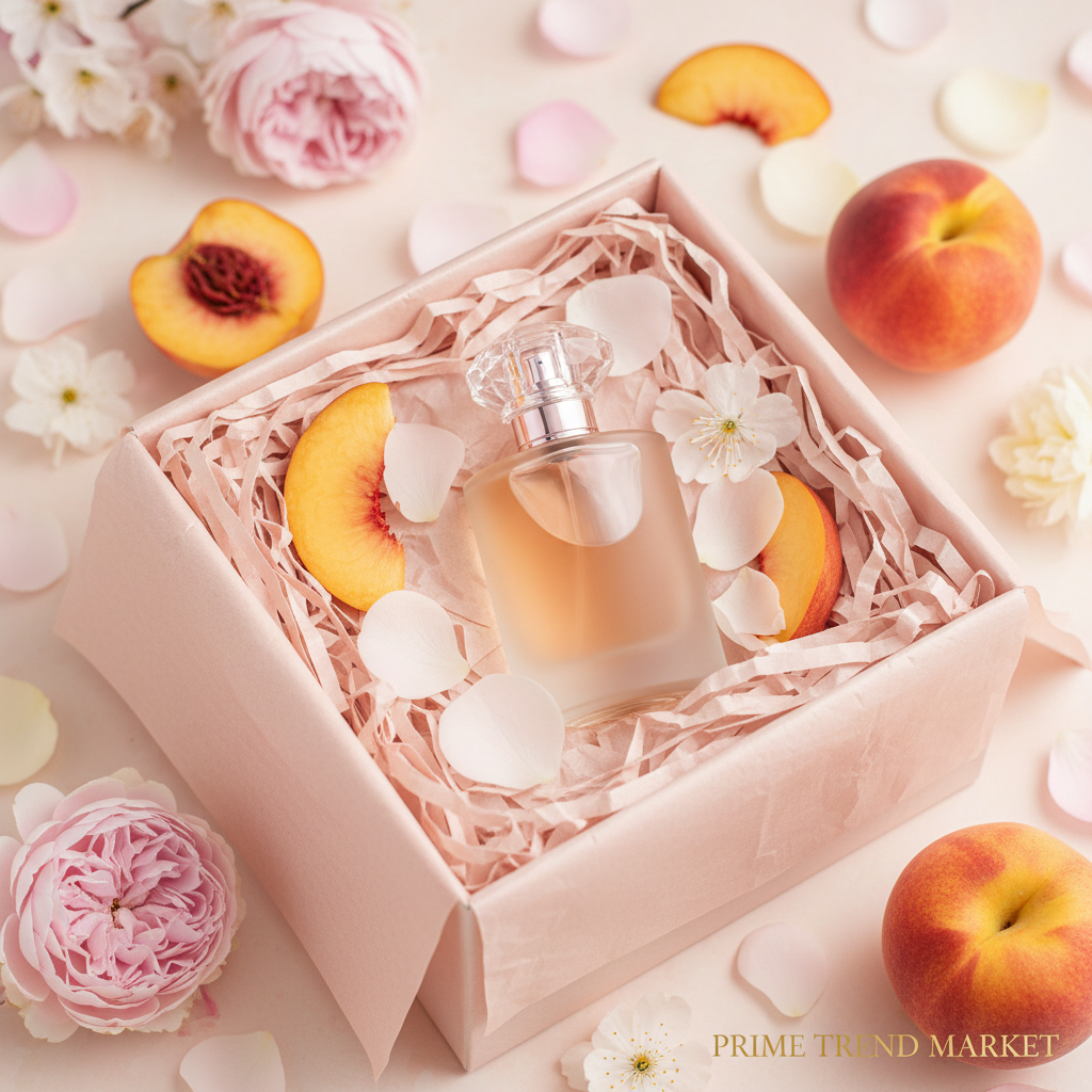 Foliage Silence perfume in gift box with blush tissue and peach floral petals
