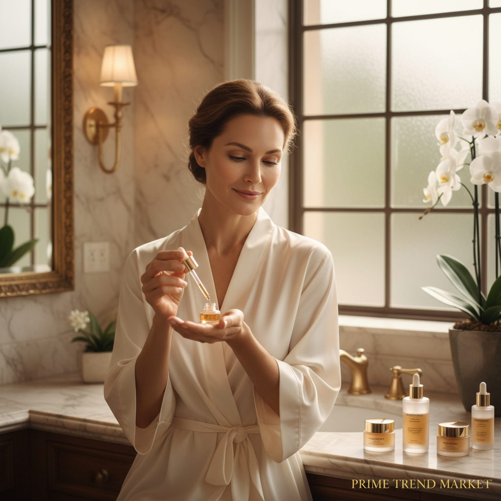 Elegant woman with smooth youthful glowing skin applying pro-retinol serum with dropper in luxurious bathroom