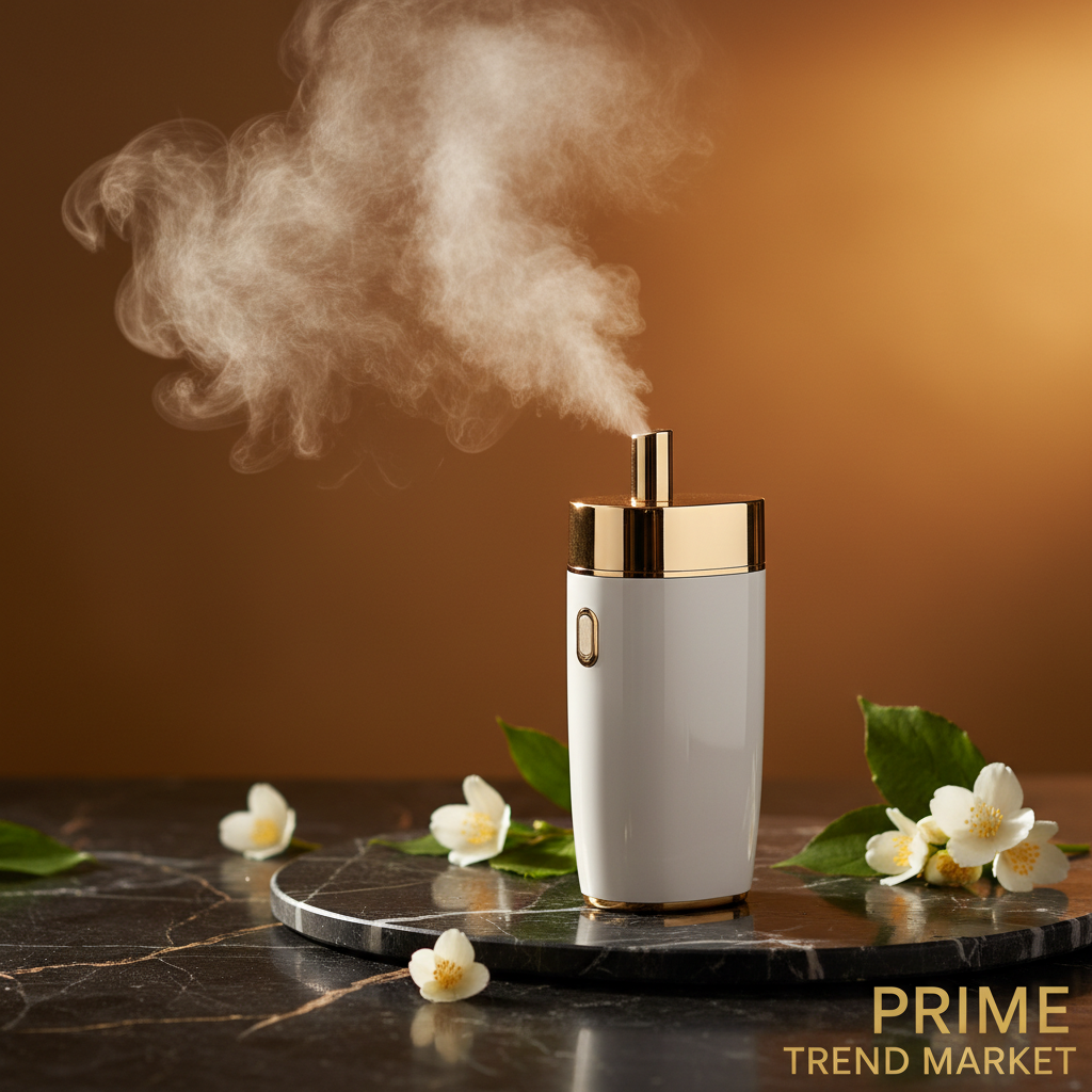Close-up hero shot of white nano facial mister with ultra-fine mist spray on black marble - Prime Trend Market