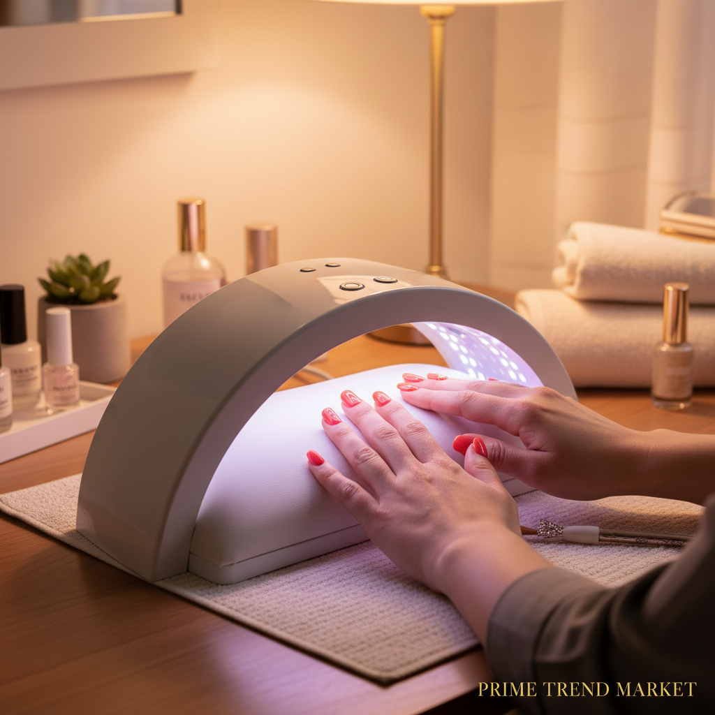Woman using UV LED nail lamp to cure gel nails at home