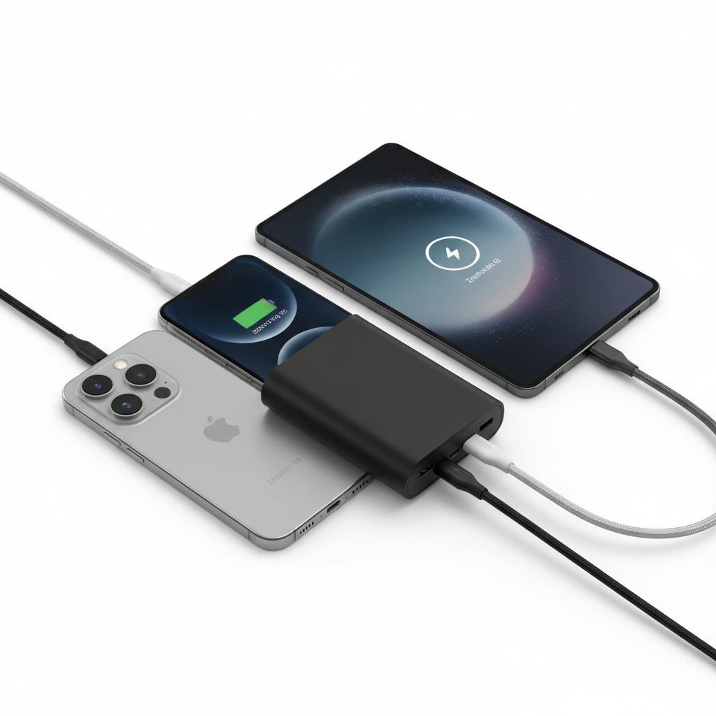 Black power bank charging iPhone Samsung and tablet simultaneously