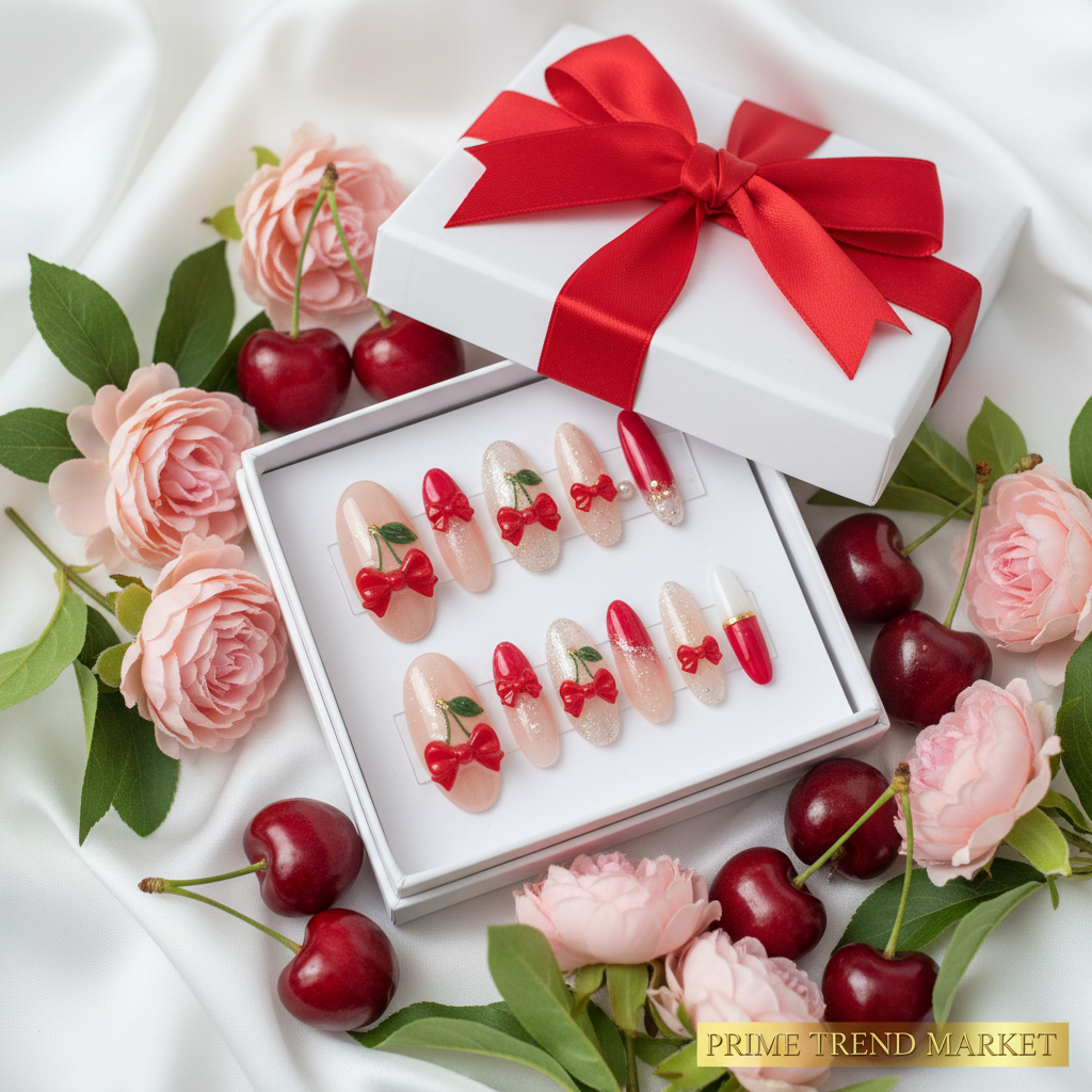 Cherry bow press-on nails in white luxury gift box with red satin bow ribbon and fresh cherries