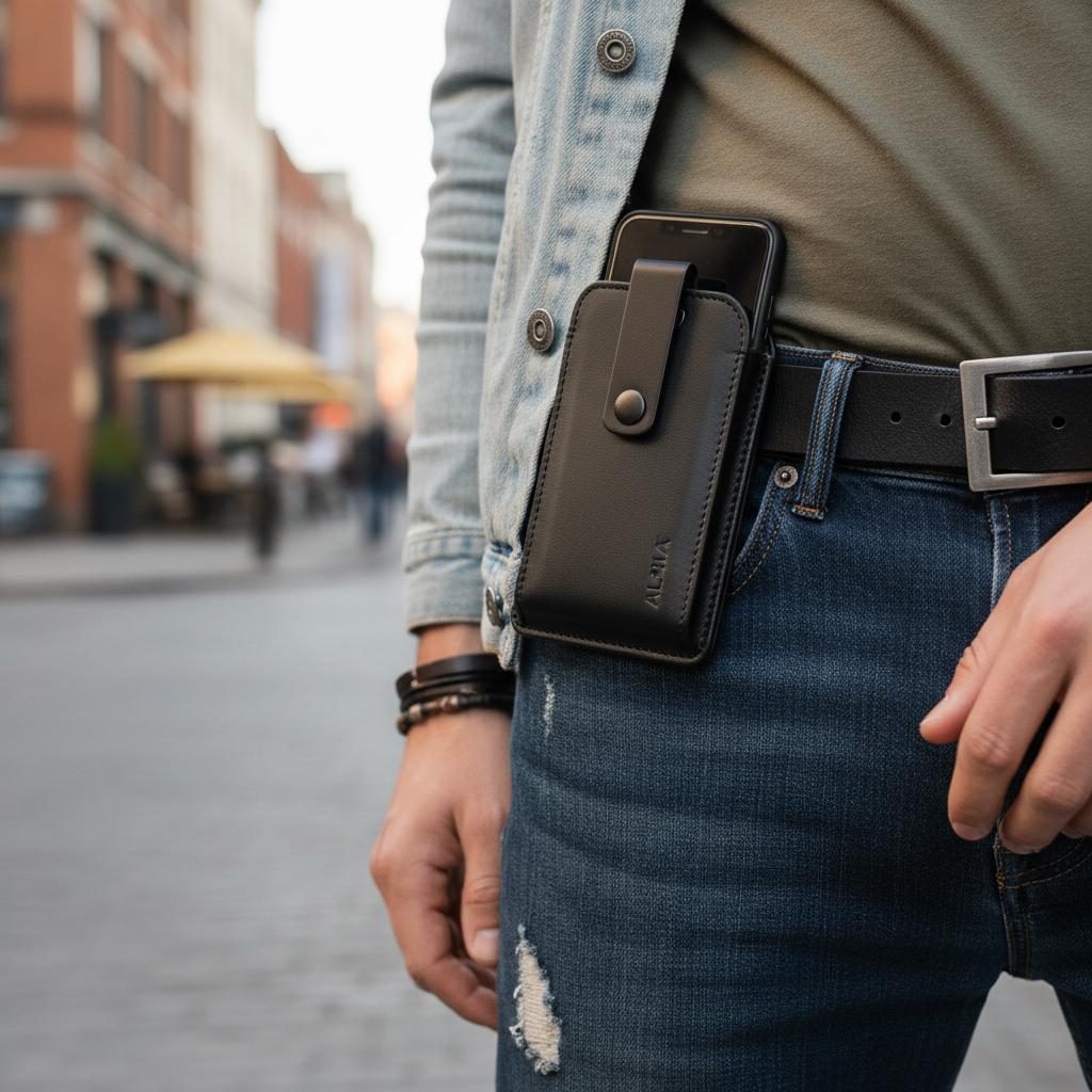 Black leather phone belt holster clipped to jeans in urban setting