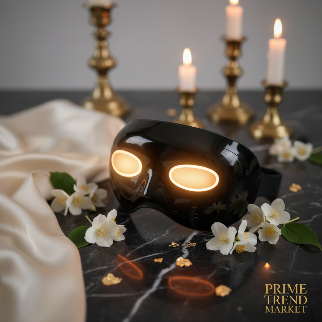 Luxury rechargeable eye hydration massage mask in black on dark marble with jasmine flowers and amber glow