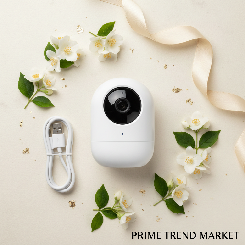 1080P HD WiFi Smart Surveillance Camera flat lay with jasmine flowers and USB cable