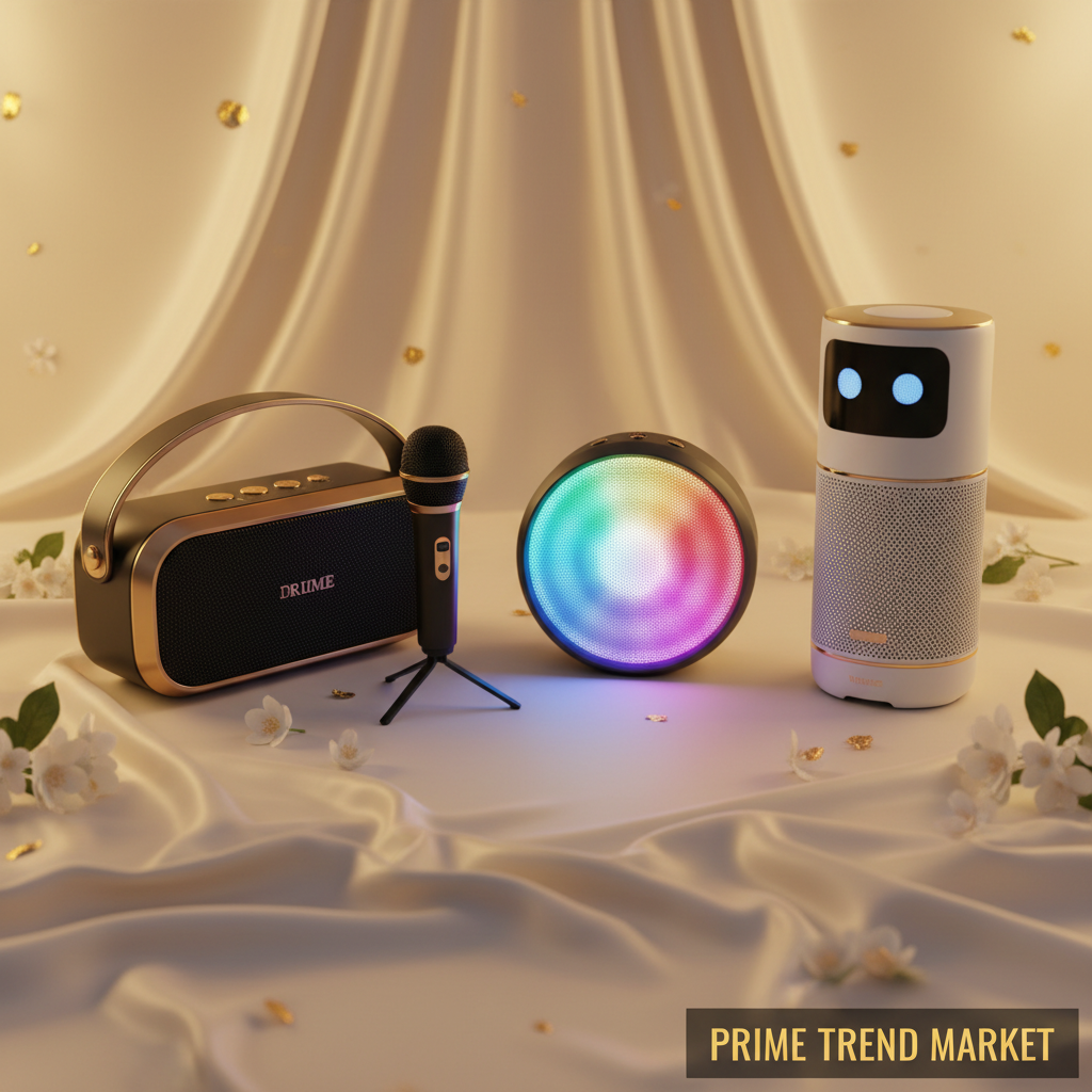 Karaoke speaker, RGB party speaker and AI robot smart speaker on cream silk