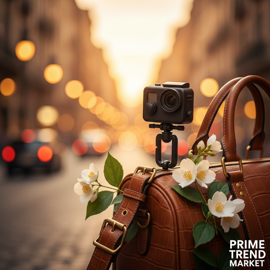 TravelShot clipped to luxury leather bag strap