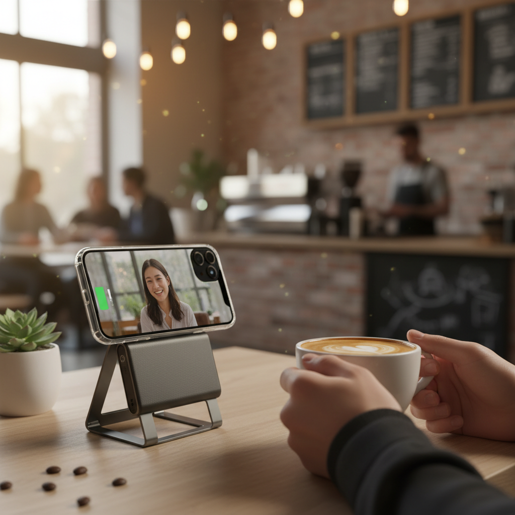 Magnetic power bank with foldable stand charging iPhone hands-free in cafe