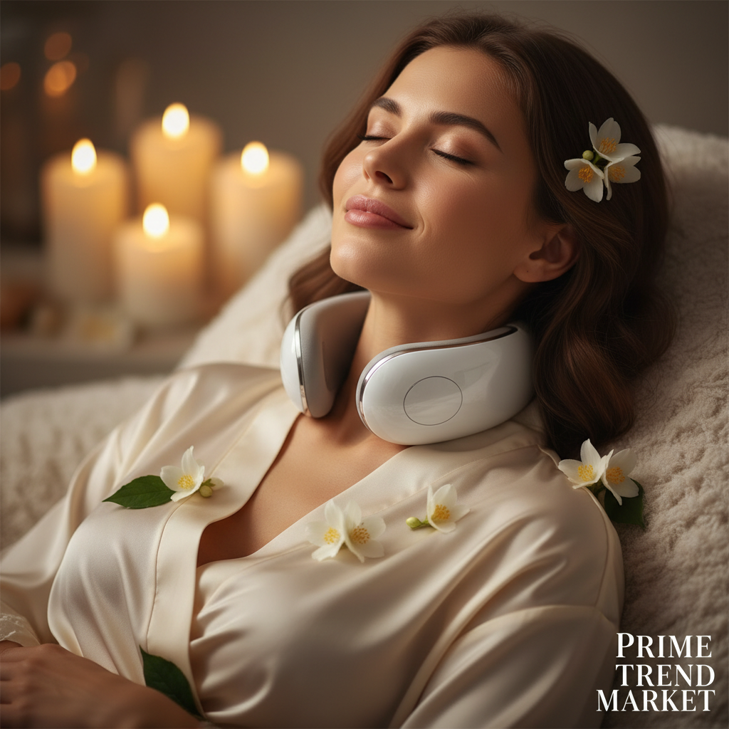 Woman wearing white luxury cervical neck massager with eyes closed in bliss, amber candlelight spa