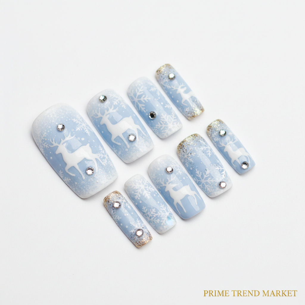 Diamond deer snowflake press-on nails product shot holiday Christmas theme