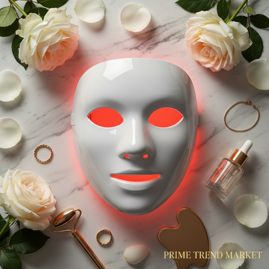 LED red light therapy face mask on marble with red glow and white roses — Prime Trend Market