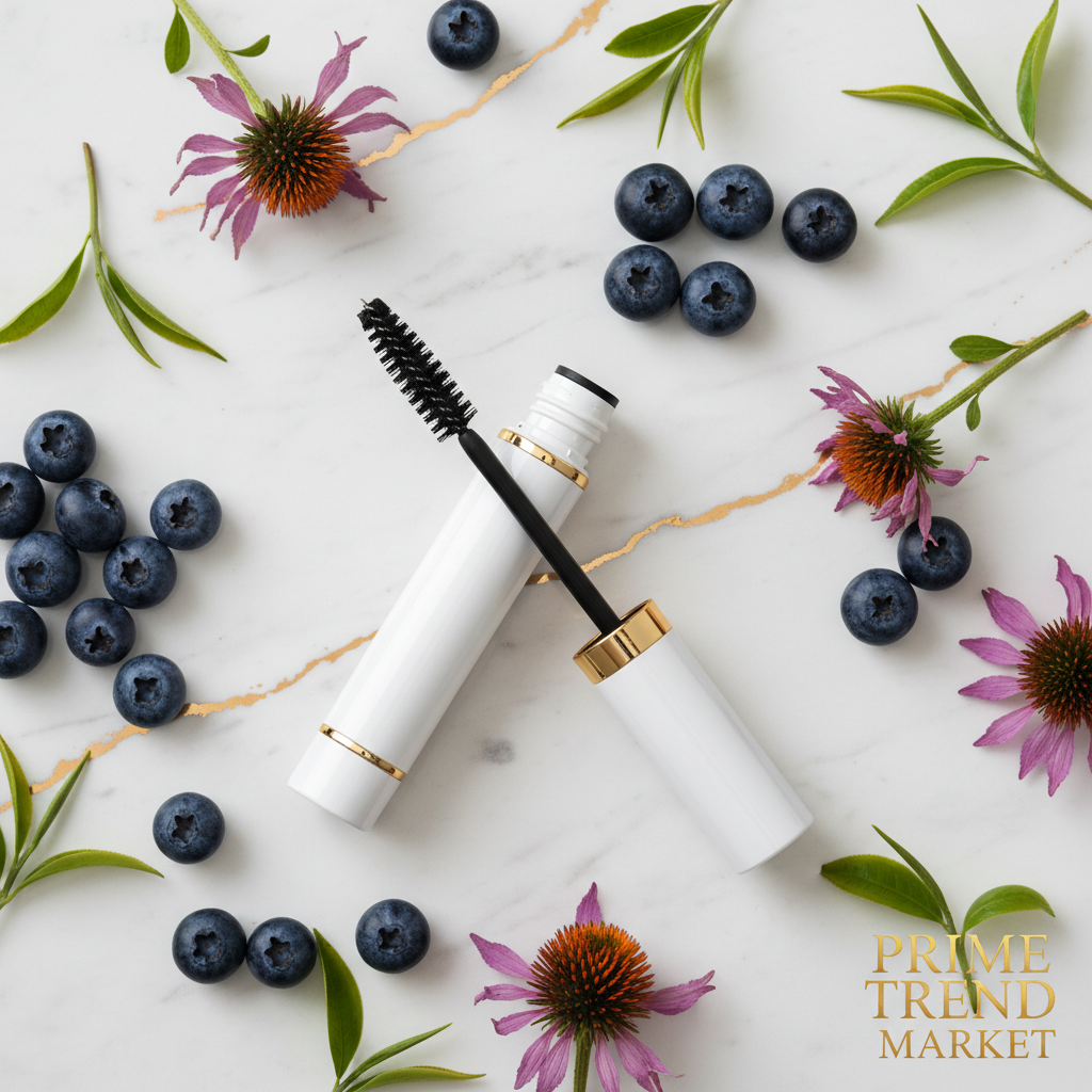 Eyelash growth serum tube wand blueberries echinacea tea tree marble gold botanical beauty editorial flat lay