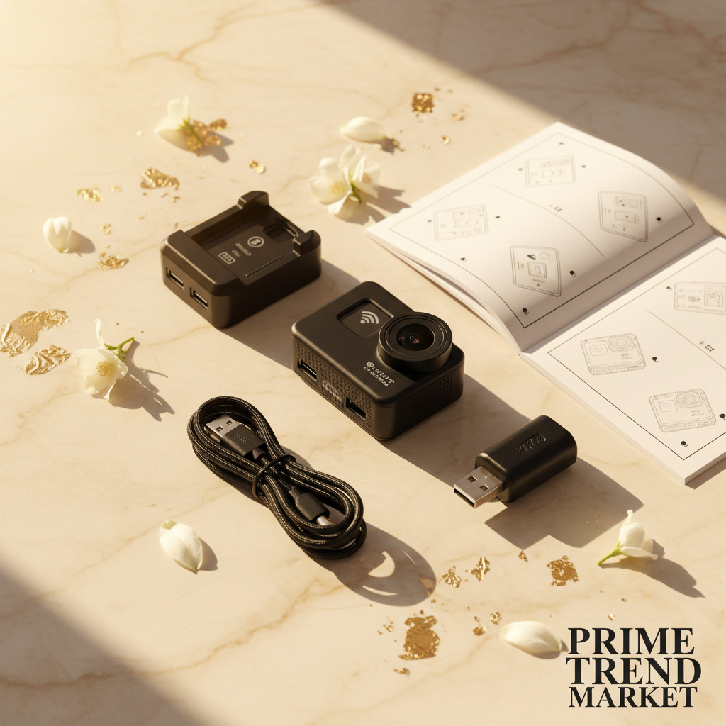 ActionShot accessories flat lay on cream marble