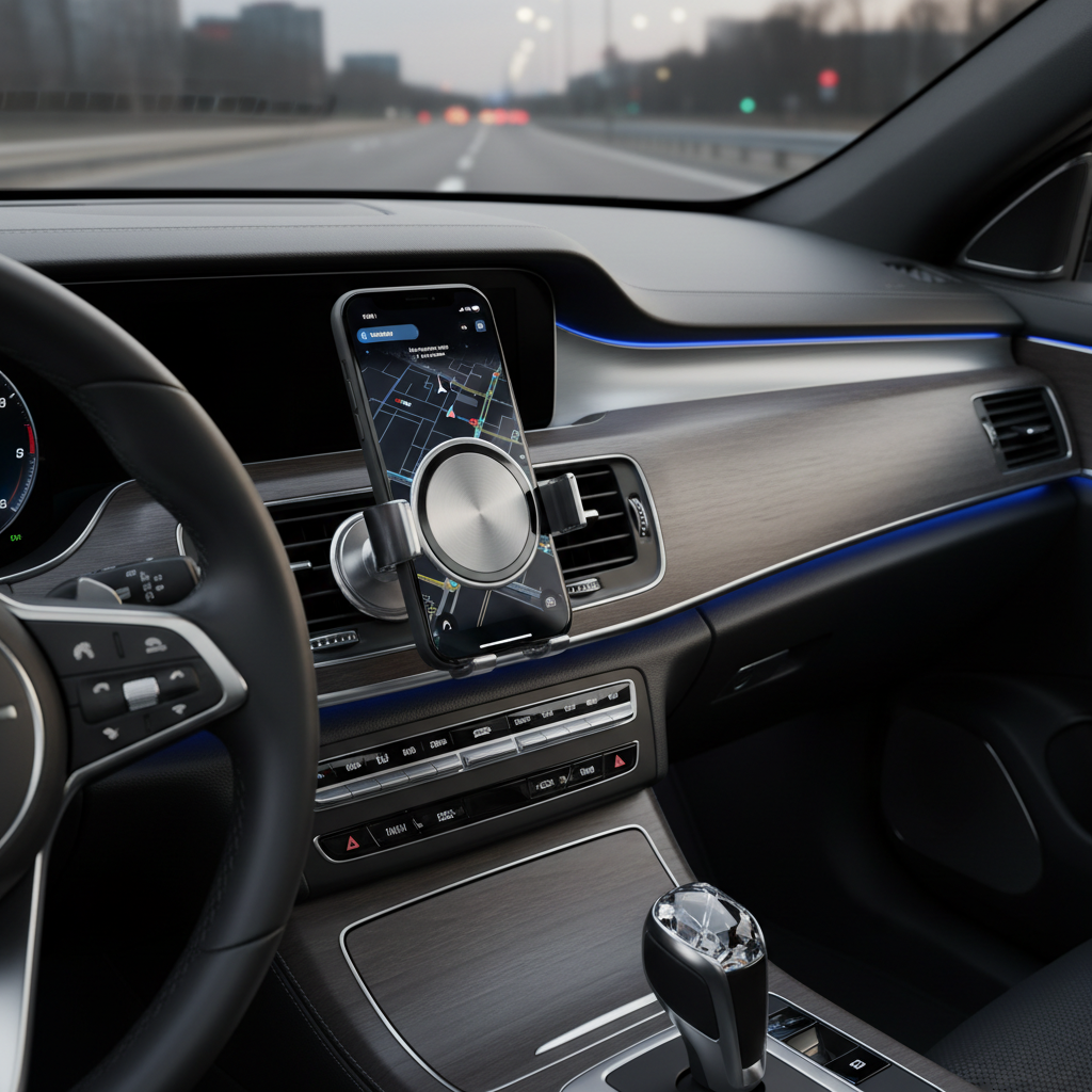 Silver magnetic car phone holder mounted on dashboard with iPhone in modern car interior