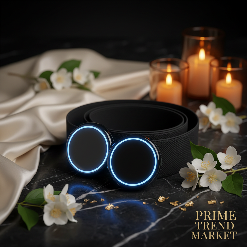 Luxury smart EMS abdomen belt body sculptor black pads and belt on dark marble with jasmine flowers and amber glow