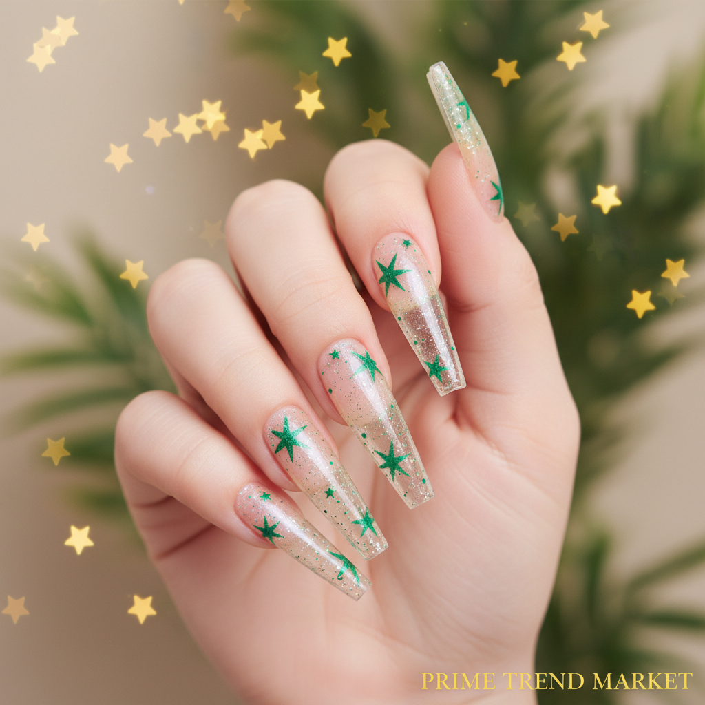 Hand wearing long water pipe green star nail art press-on nails with gold star bokeh