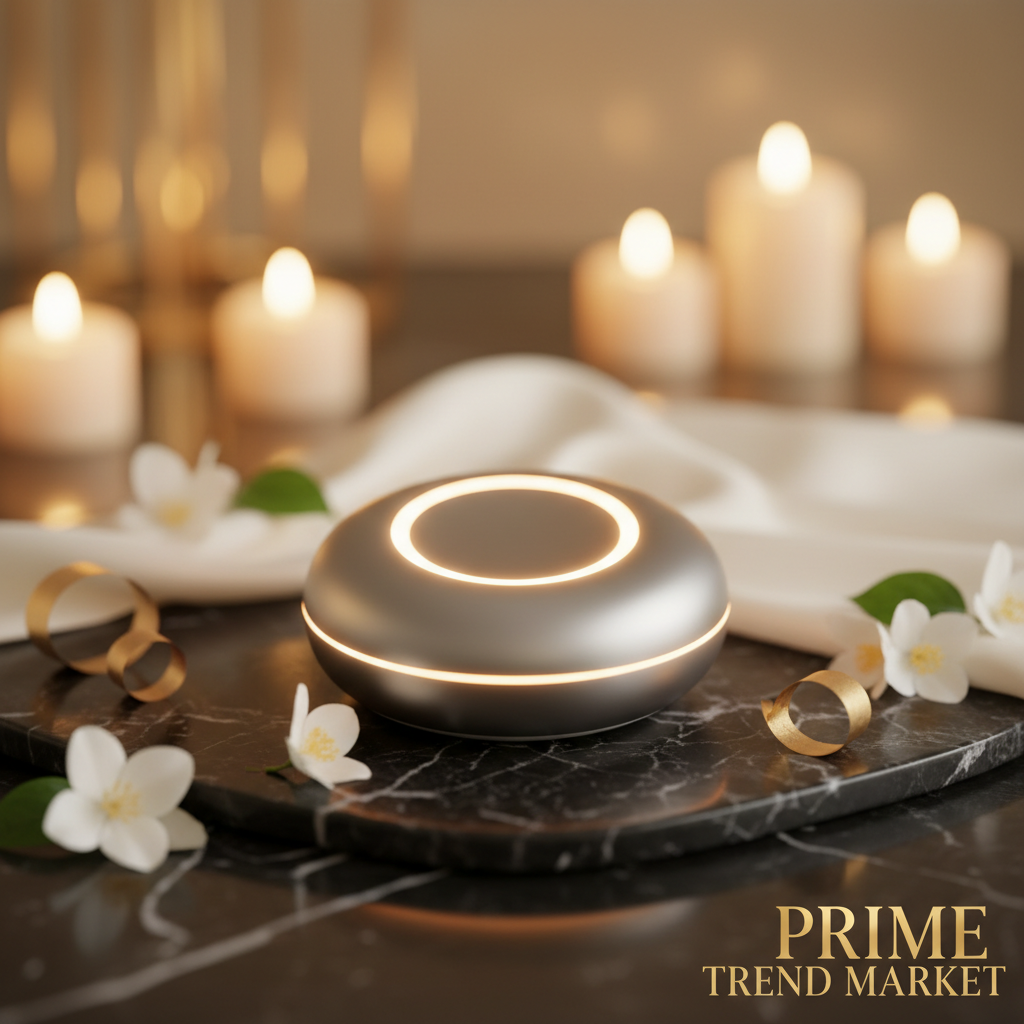 Smart grey USB pet odor purifier on dark marble with jasmine flowers and gold accents