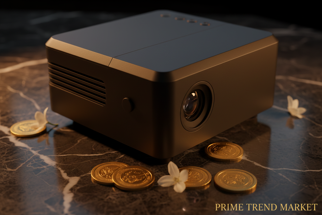 Karaoke Projector built-in microphone grille close-up on dark marble — Prime Trend Market
