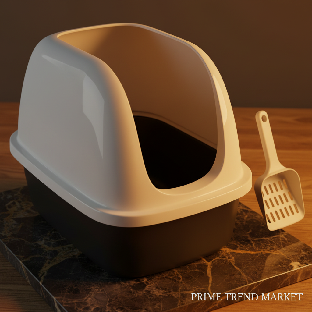Close-up detail of premium black and white cat litter box smooth interior with matching shovel