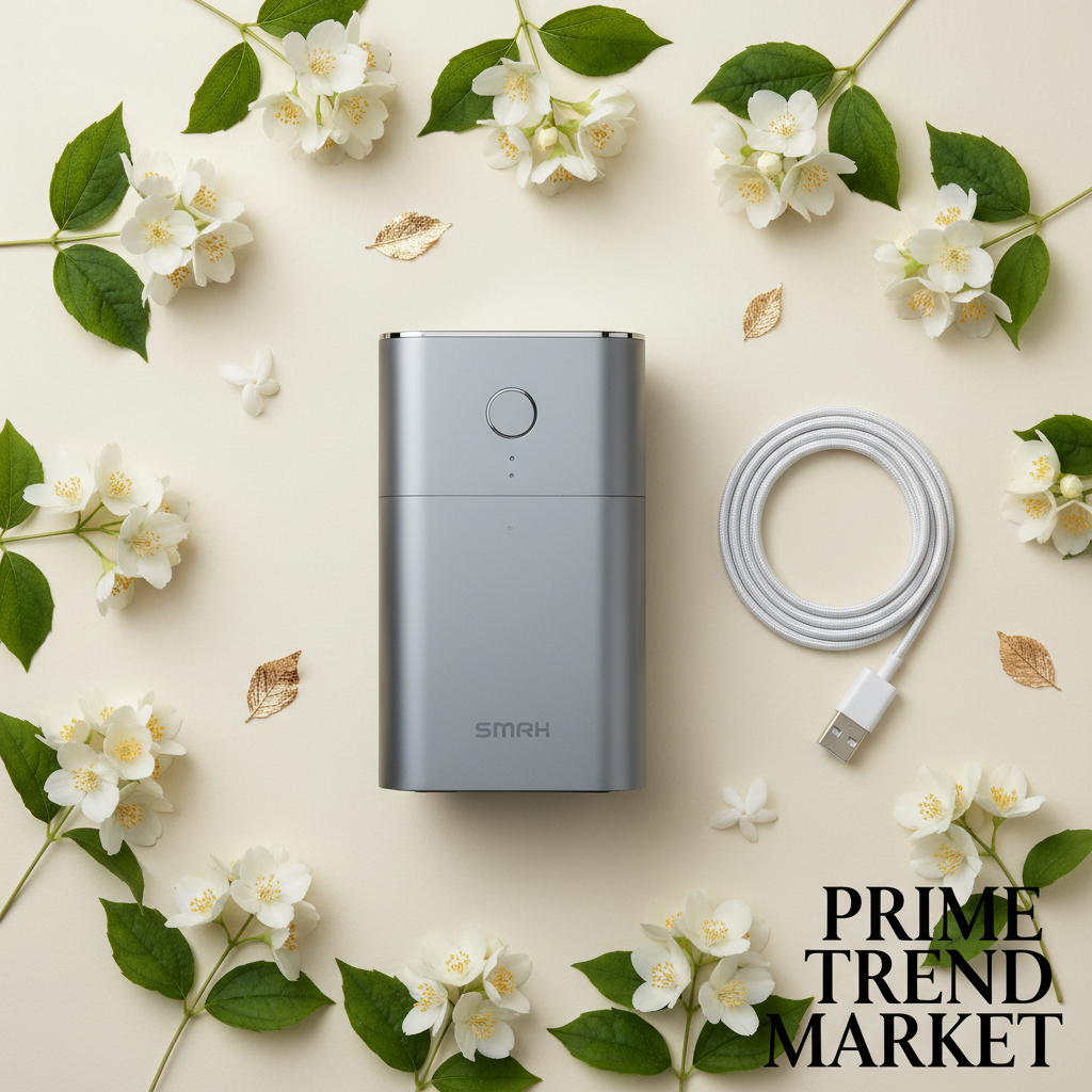 Smart pet odor purifier flat lay with USB cable, jasmine flowers and gold accents on cream surface
