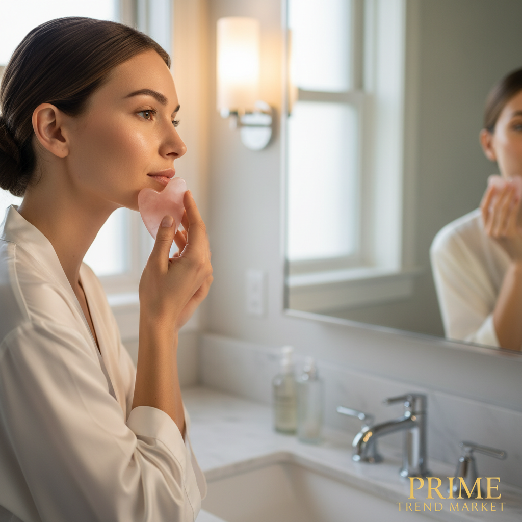 Woman using facial massager on cheekbone in bright bathroom mirror with glowing skin
