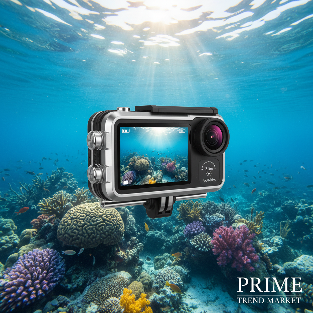 Waterproof 4K action camera submerged underwater showing dual color screen with coral reef background