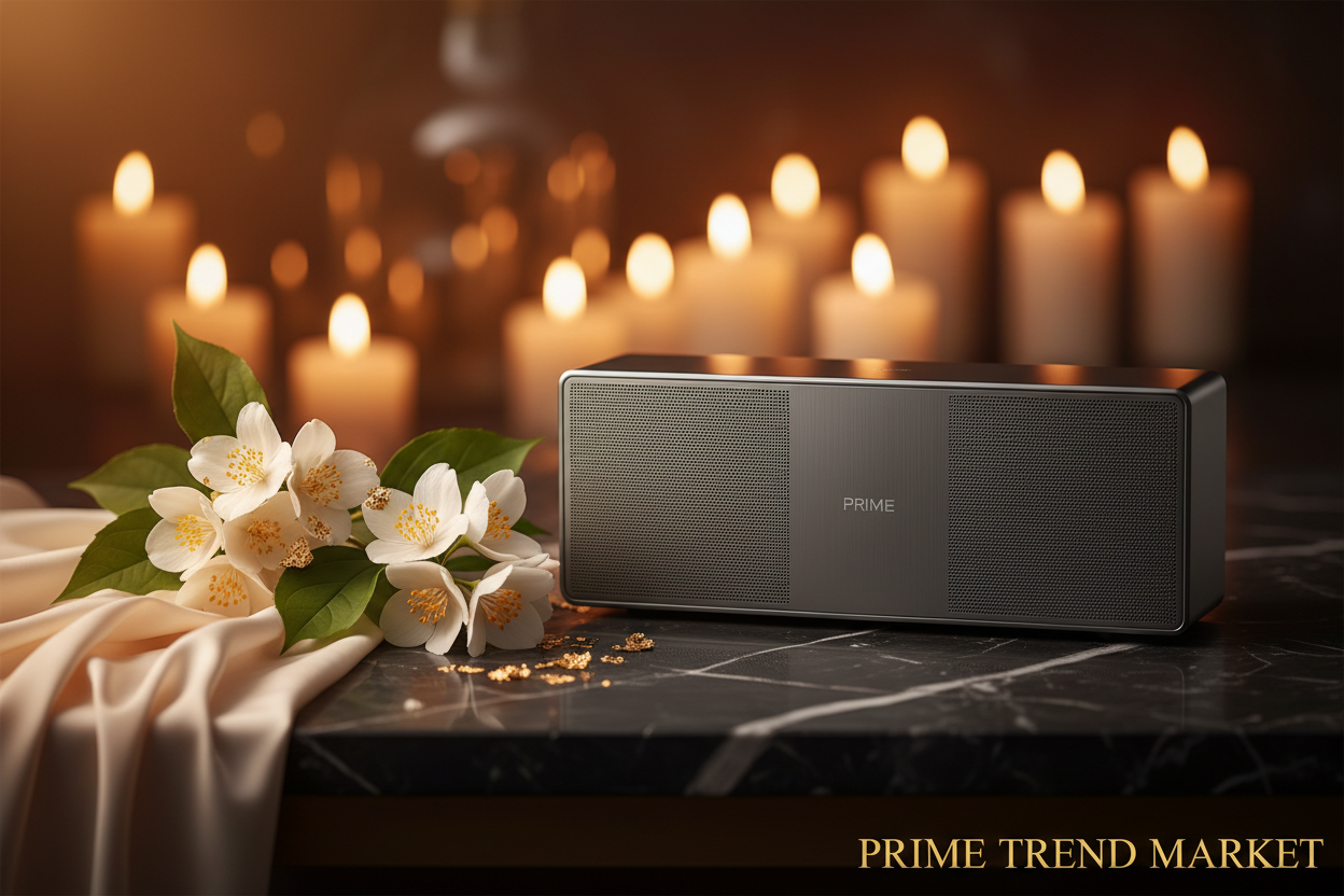 Premium compact soundbar on black marble with jasmine flowers and gold accents