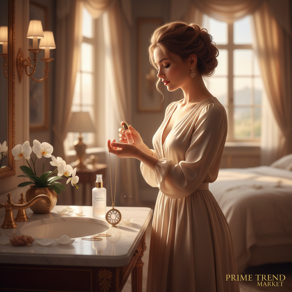 Woman applying roller perfume at vanity