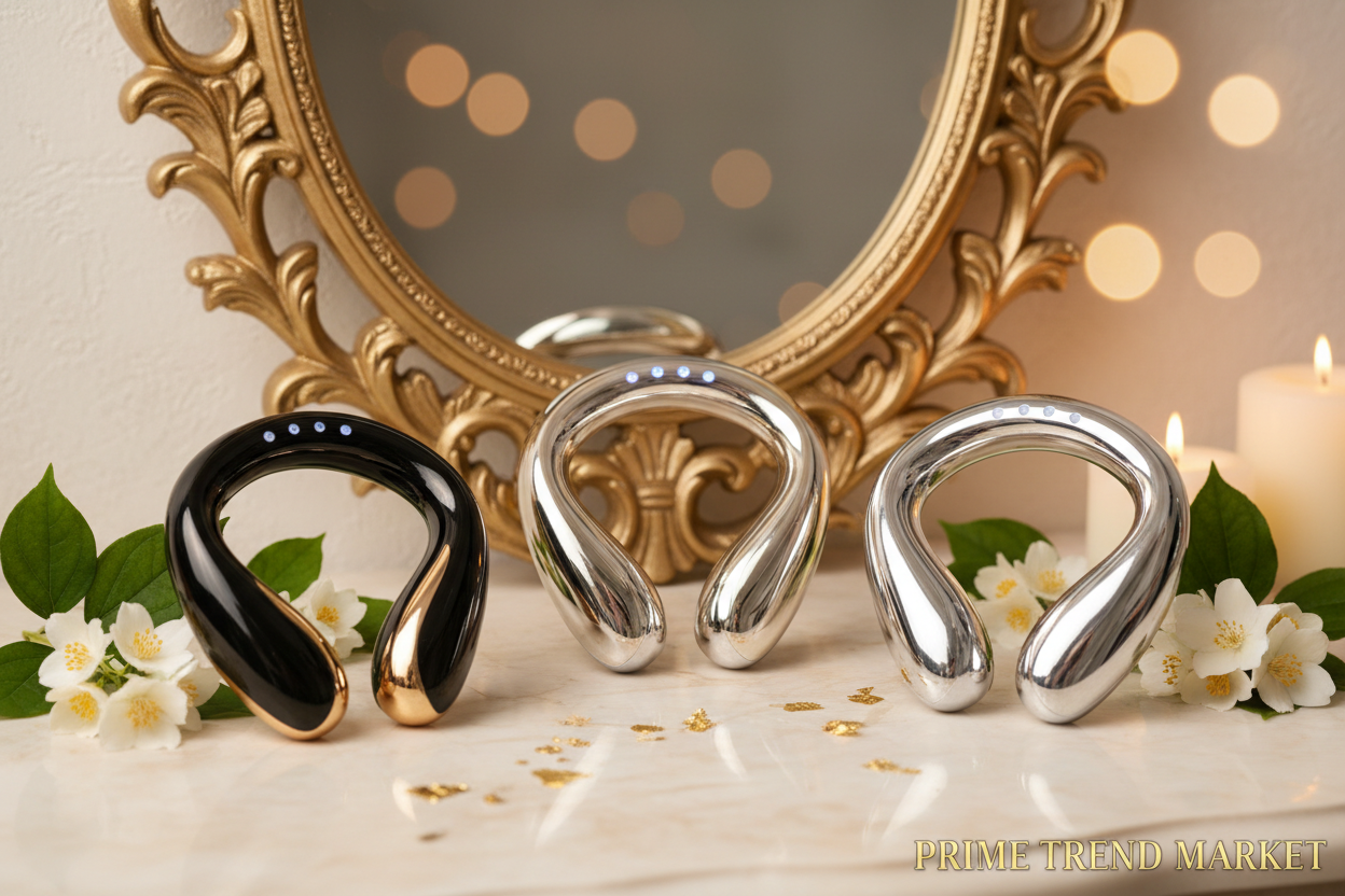 Luxury EMS Vibration Neck Massager Black Gold Platinum Silver Triple Variant Flatlay