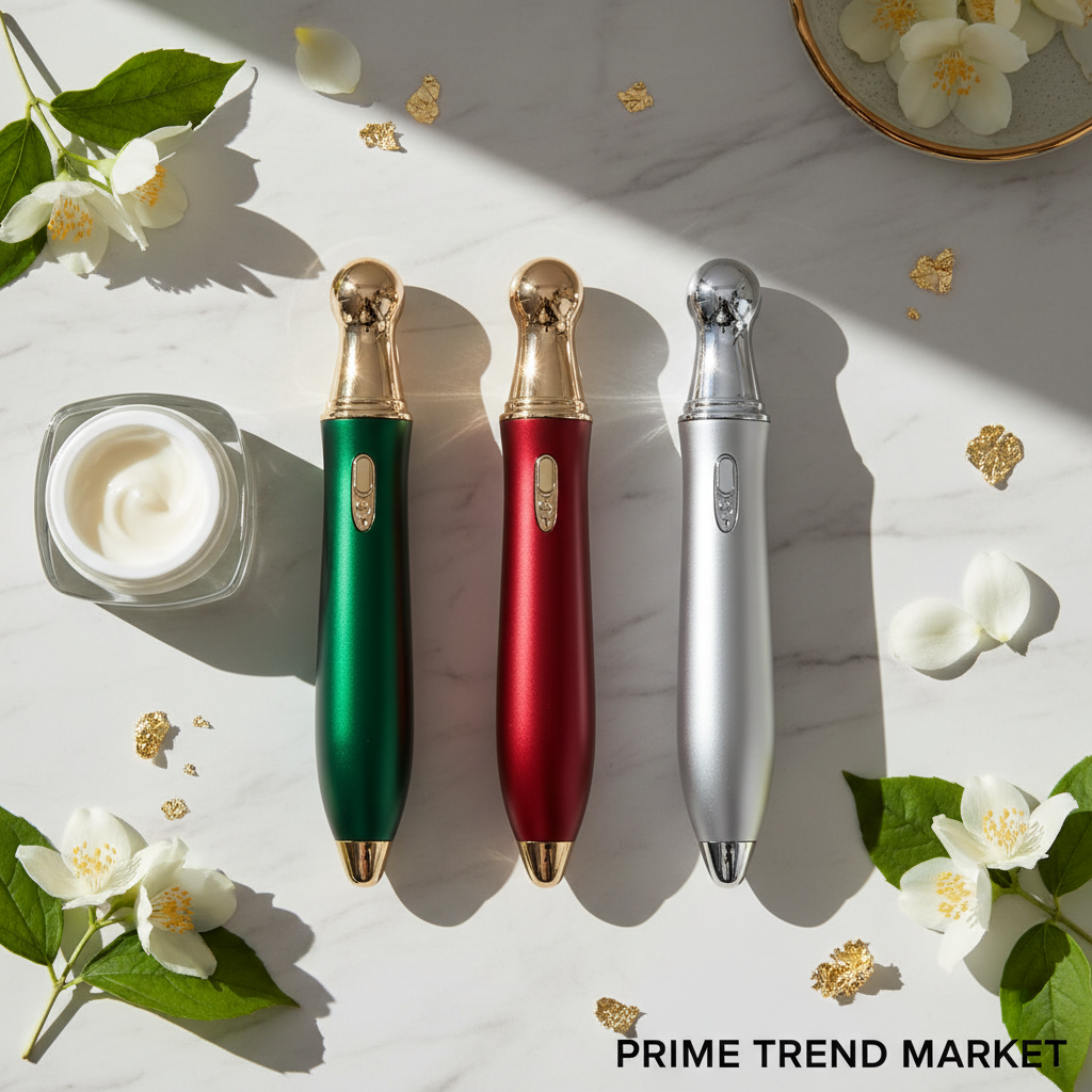 Luxury 4-in-1 Eye Cream Ion Introducer Pen all 3 colors Green Rose Red Silver trio flatlay on white marble