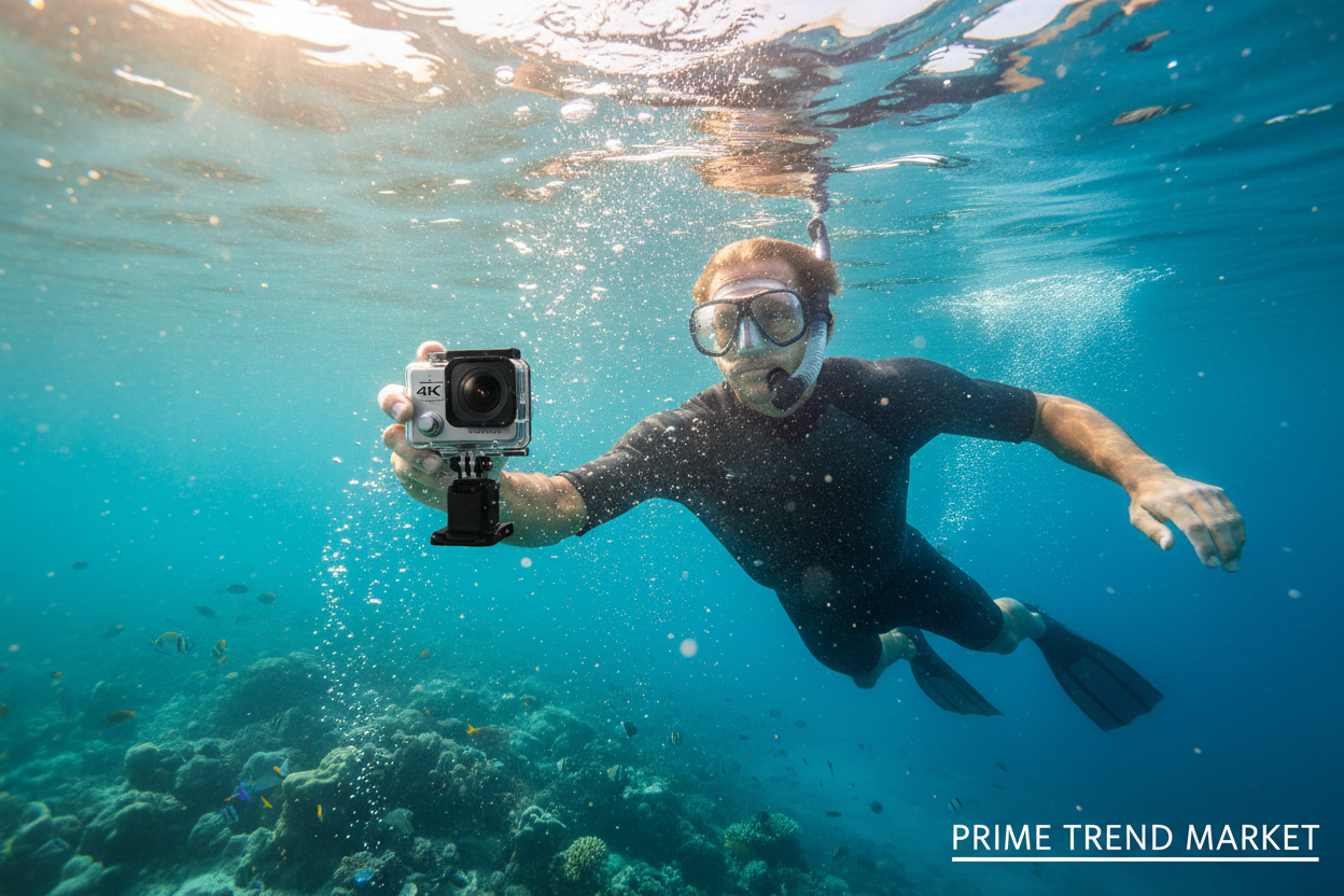 Male surfer holding 4K waterproof action camera underwater in crystal clear turquoise ocean