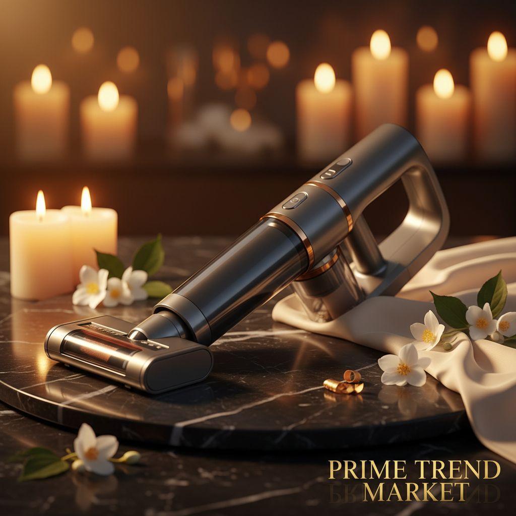 Gray cordless handheld vacuum cleaner on black marble with jasmine flowers - Prime Trend Market