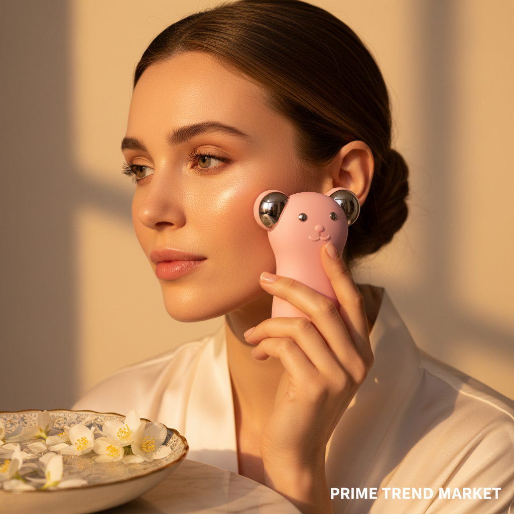 Luxury Bear-Face EMS Device lifestyle in-use on cheekbone and jawline with golden spa lighting