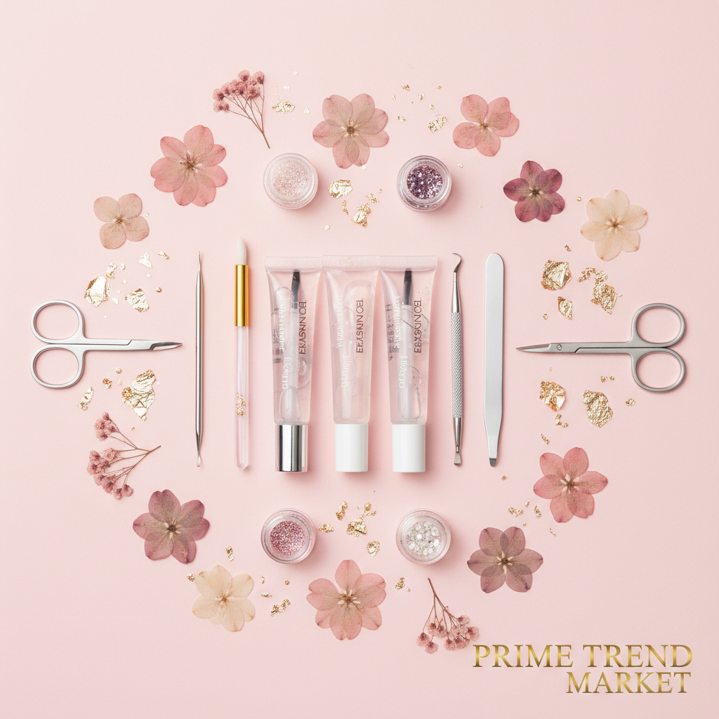 Nail extension gel tubes flat lay with flowers and gold foil