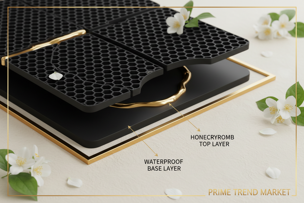 Double layer construction of waterproof EVA cat litter pad showing honeycomb top and waterproof base