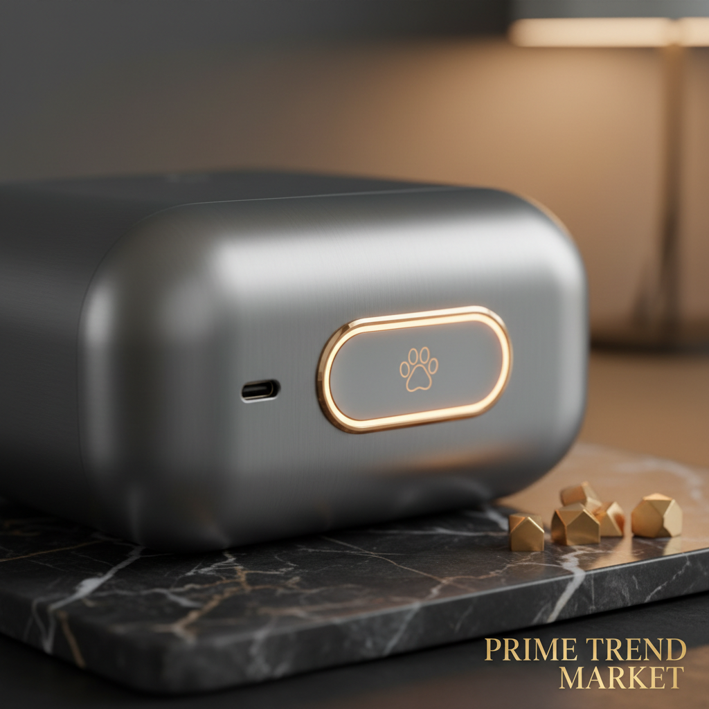 Close-up detail of smart grey USB pet odor purifier showing USB port and sleek design