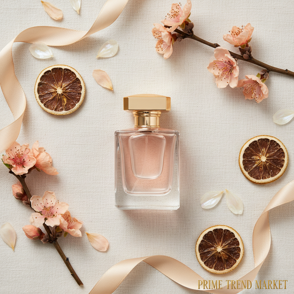 Flat lay of Holiday Roaming perfume with dried petals and gold ribbon