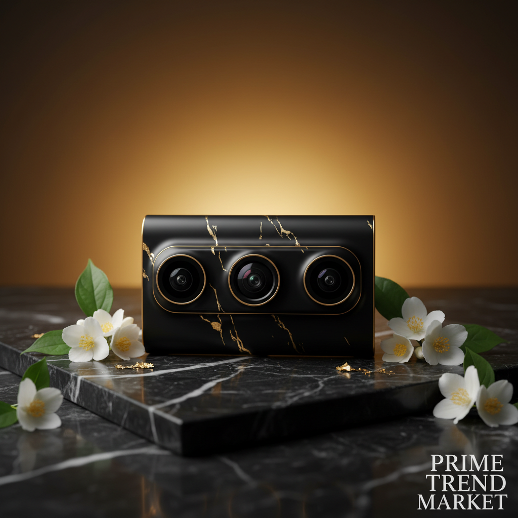 Close-up hero shot of black 3-channel dash cam on black marble with gold accents - Prime Trend Market