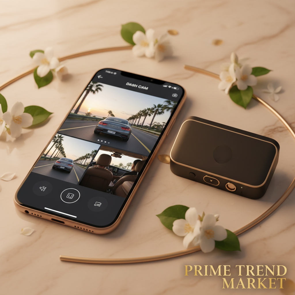 Smartphone showing 3-channel dash cam app split-screen footage next to black dash cam on cream marble - Prime Trend Market