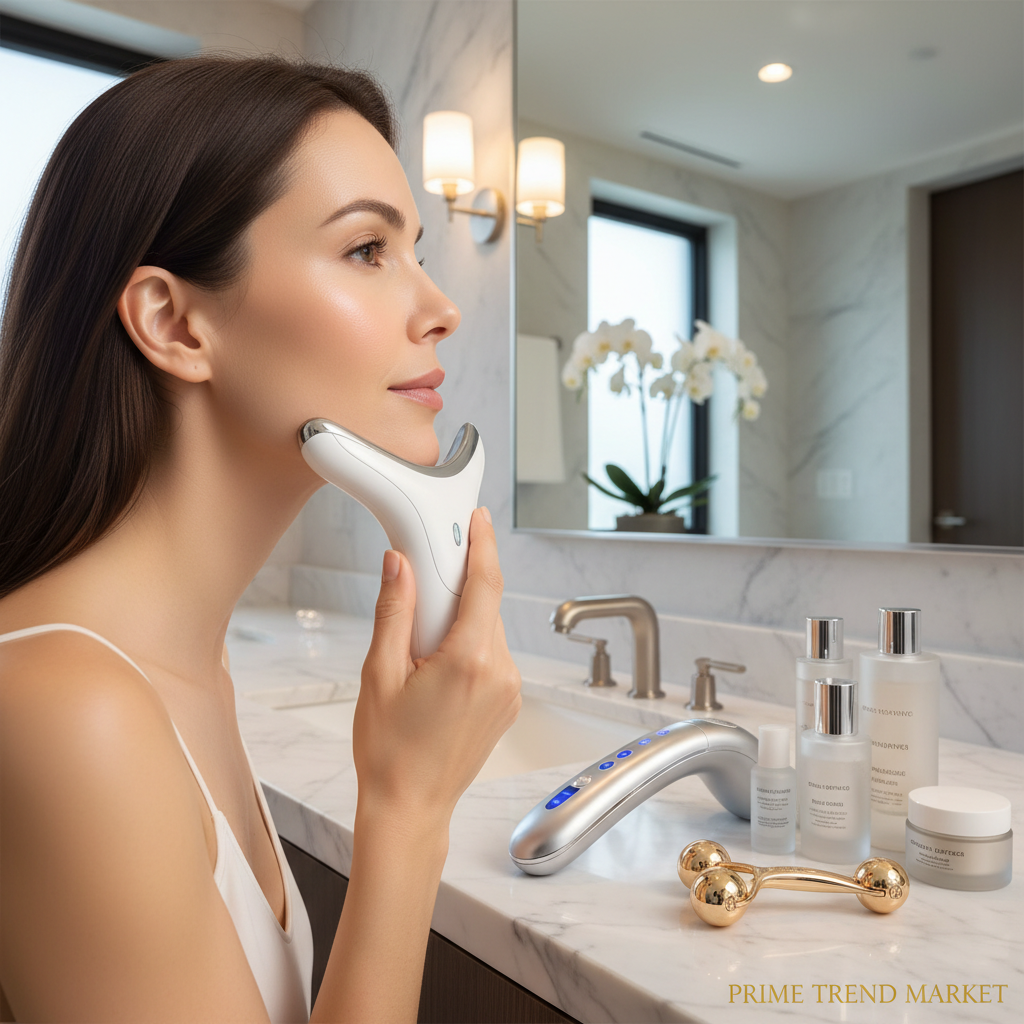 Woman using V-face sculpting device on jawline in modern bathroom