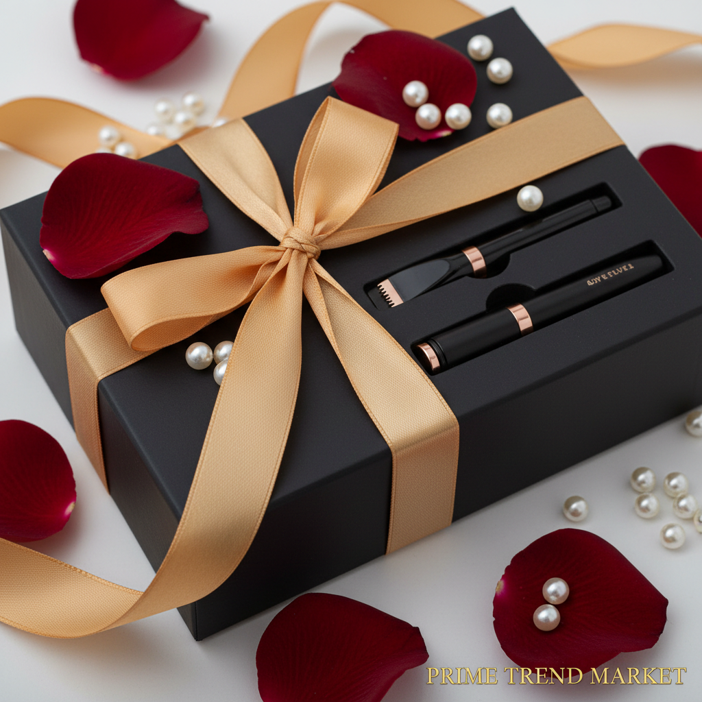 Gift box 2-in-1 electric eyelash curler eyebrow trimmer luxury black packaging rose petals