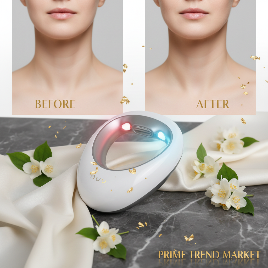 EMS neck massager glowing with blue and red color light therapy
