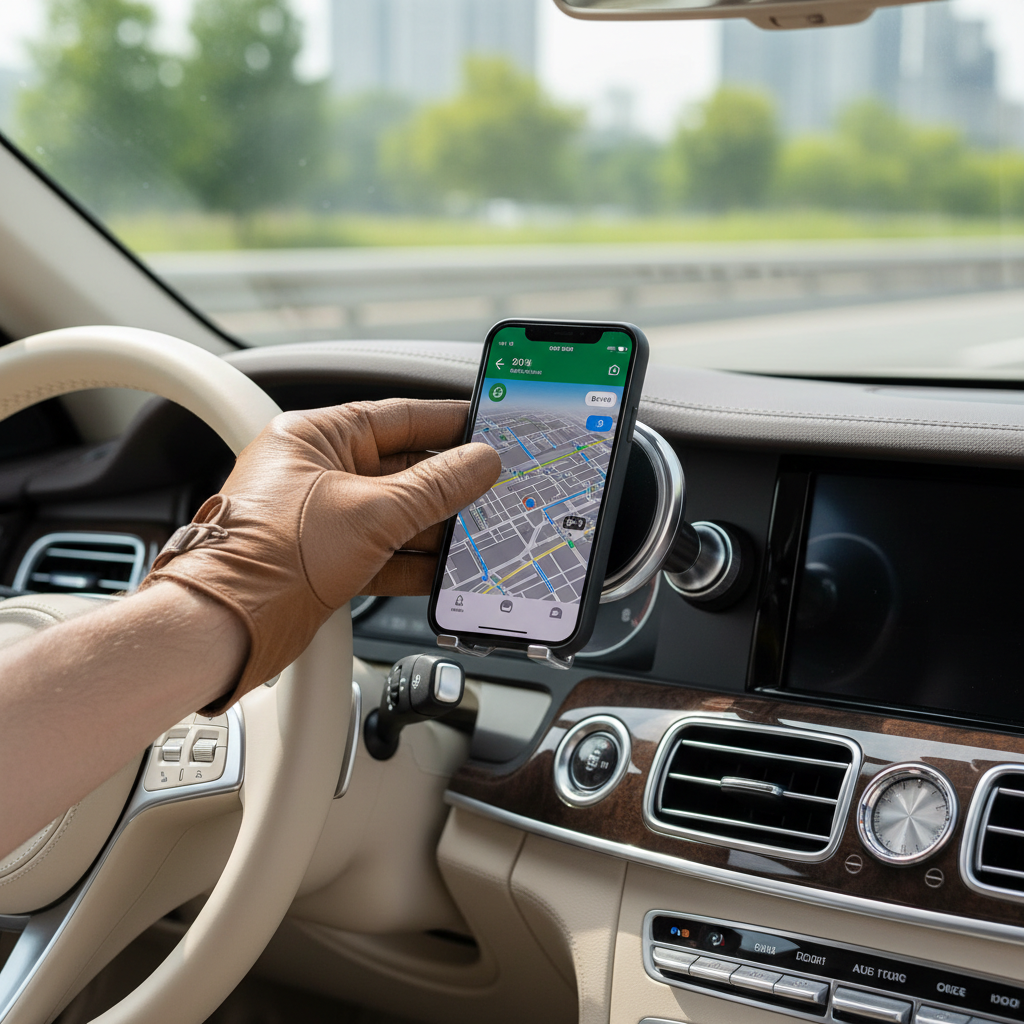 Driver placing iPhone onto silver magnetic car phone holder with one hand