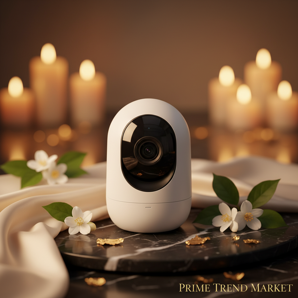 1080P WiFi Pet Baby Monitor Camera white body on black marble with jasmine flowers