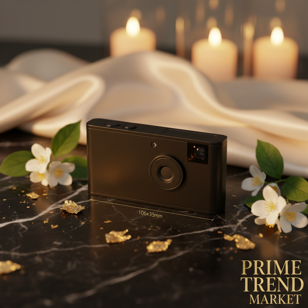 PocketShot slim black camera on dark marble with jasmine