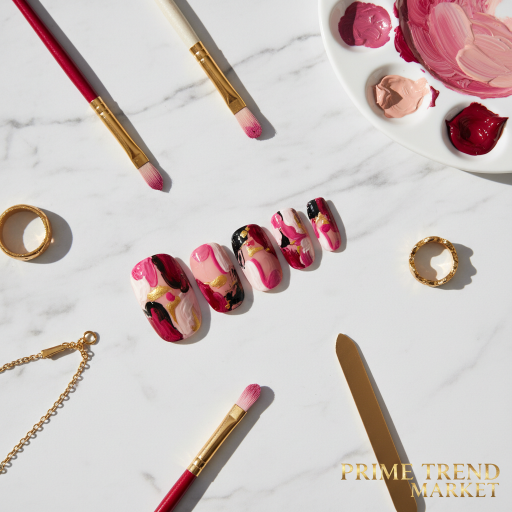 Graffiti oil painting press-on nails flat lay on marble with paint brushes and gold accessories