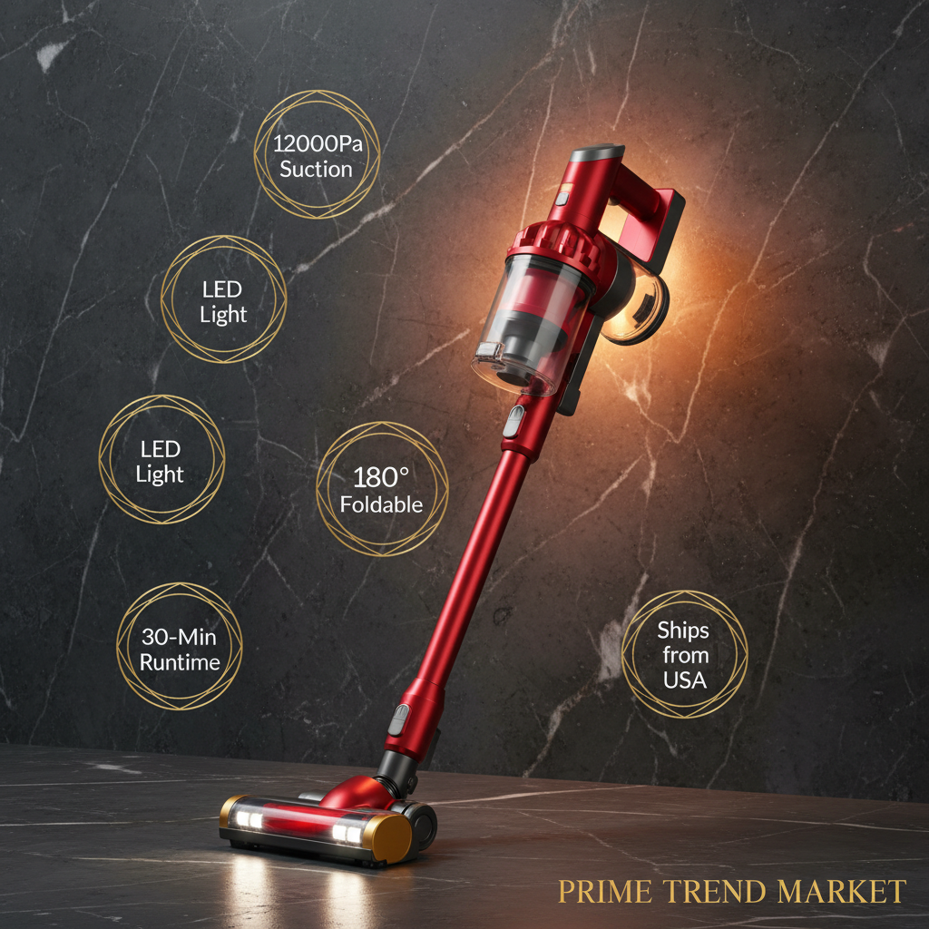 Cordless 4-in-1 Vacuum Feature Infographic — 12000Pa, LED, 180° Foldable, 30-Min Runtime
