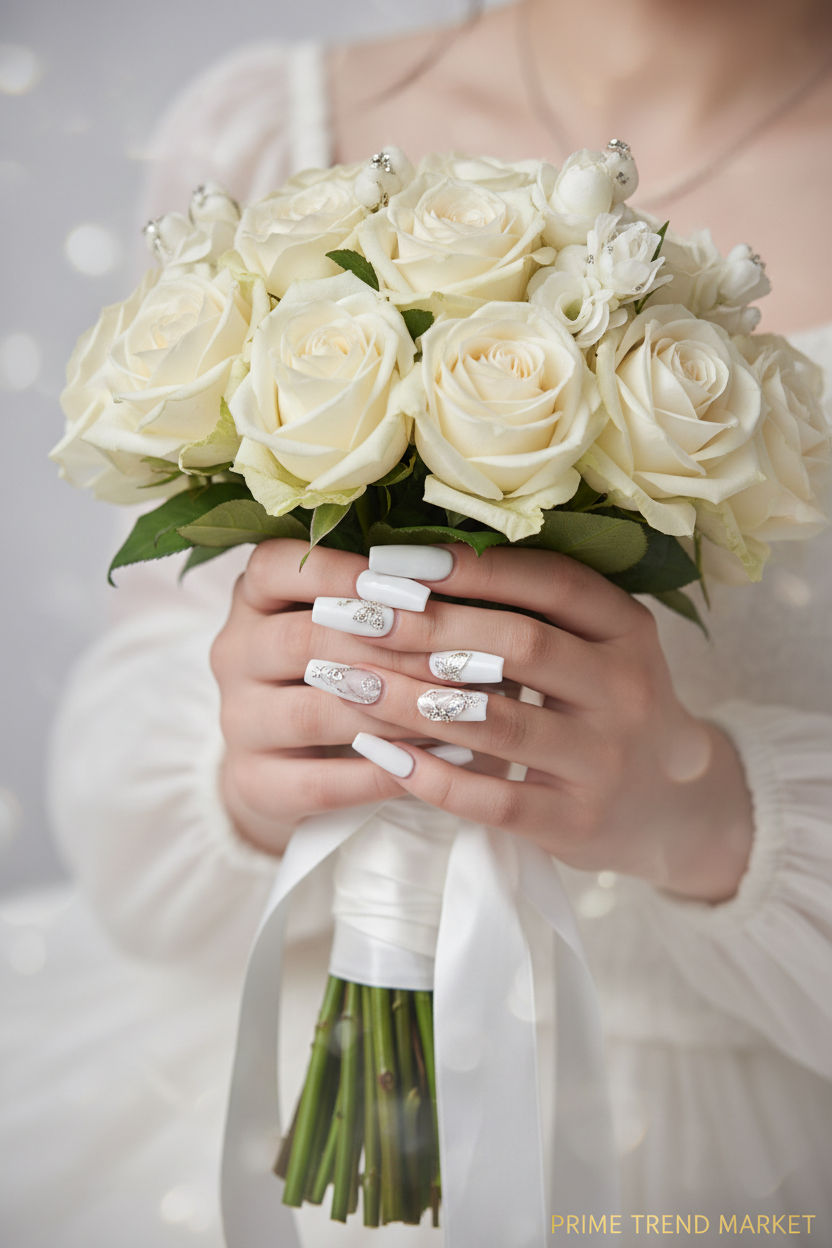 Bride hands with white diamond butterfly nails holding bouquet - Prime Trend Market